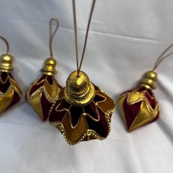 Christmas Ornaments Red & Gold Velvet Set of 4 Holiday Elegant Fancy - Picture 7 of 9
